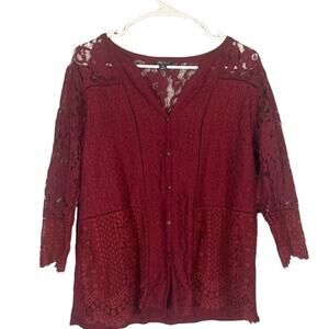 Lucky Brand Women’s Red Lace Long Sleeve Lined Button-Down Blouse Size Med